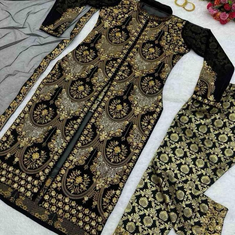INDIAN RICH LOOK GEORGETTE THREAD AND SEQUENCE WORK TOP PANT WITH DUPATTA BLACK