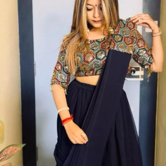 New Georgette Multi Thread Embroidery Sequence Work Blouse Palazzo Belt with Dupatta size-42