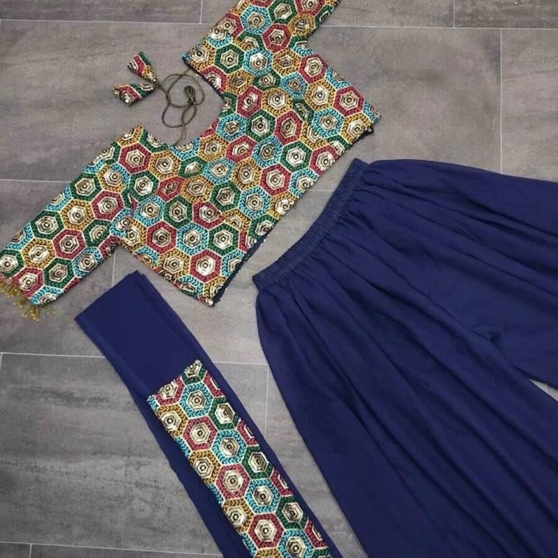 New Georgette Multi Thread Embroidery Sequence Work Blouse Palazzo Belt with Dupatta size-42