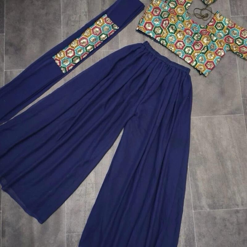 New Georgette Multi Thread Embroidery Sequence Work Blouse Palazzo Belt with Dupatta size-42