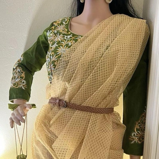 Indian Designer silk readymade (m) green embroidery blouse with net golden saree