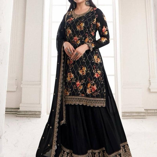 INDIAN DESIGNER CHINON SILK FLORAL DIGITAL PRINT EMBROIDERY SEQUENCE WORK TOP PALAZZO