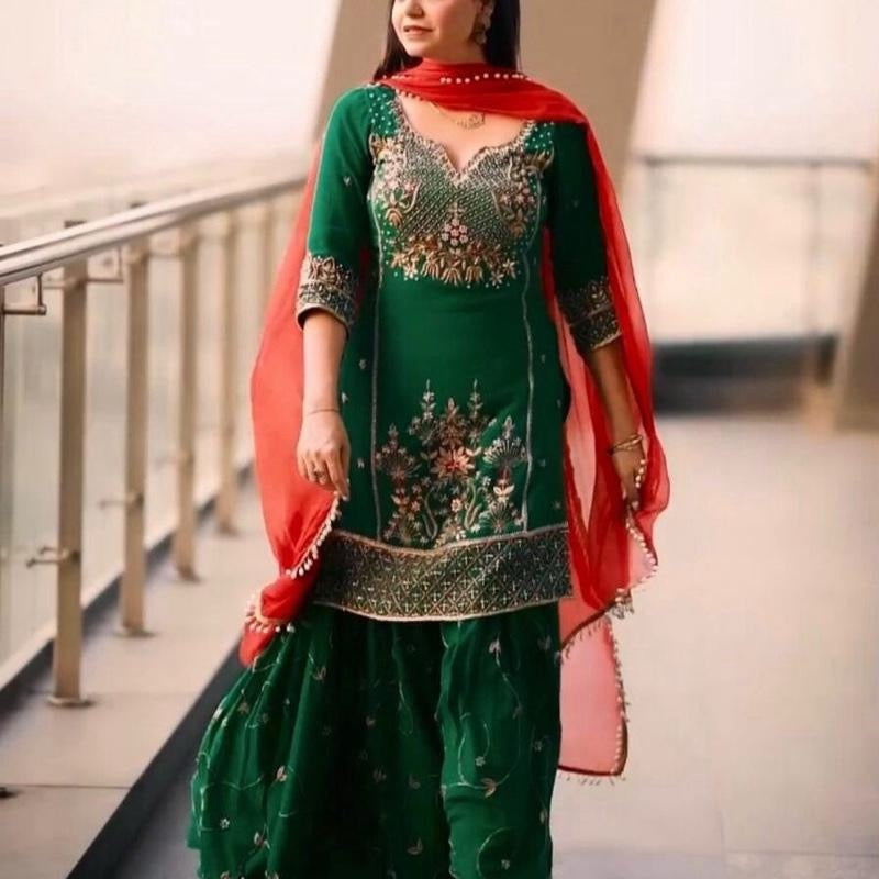 FANCY GEORGETTE EMBROIDERY SEQUENCE WORK TOP SHARARA WITH DUPATTA GREEN Womenswear