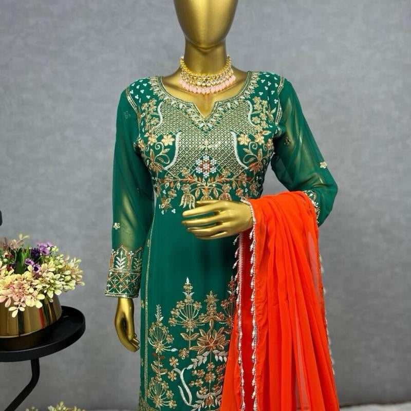 FANCY GEORGETTE EMBROIDERY SEQUENCE WORK TOP SHARARA WITH DUPATTA GREEN Womenswear