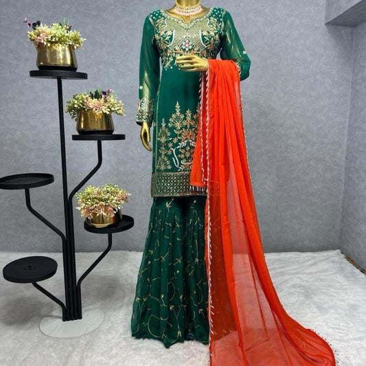 FANCY GEORGETTE EMBROIDERY SEQUENCE WORK TOP SHARARA WITH DUPATTA GREEN Womenswear