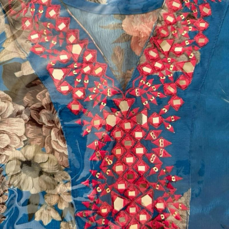 TRENDING CHINON SILK DIGITAL PRINTED EMBROIDERY MIRROR WORK KAFTAN WITH BOTTOM BLUE