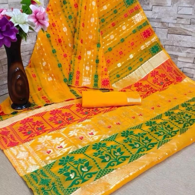 INDIAN FASHIONABLE COTTON JACQUARD WORK SAREE WITH UNSTITCHED BLOUSE