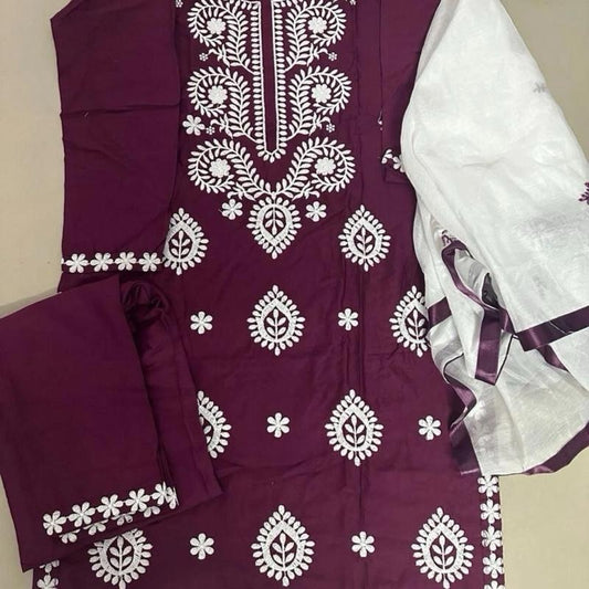 INDIAN DESIGNER RAYON COTTON EMBROIDERY CHICKENKARI WORK TOP BOTTOM WITH DUPATTA SIZE-L