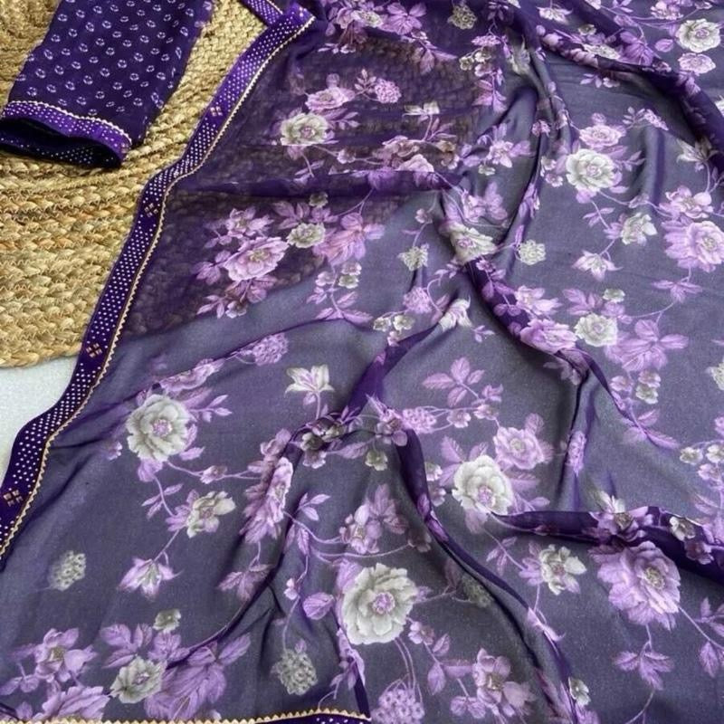 INDIAN DESIGNER GEORGETTE PRINT WORK SAREE WITH UNSTITCHED BLOUSE