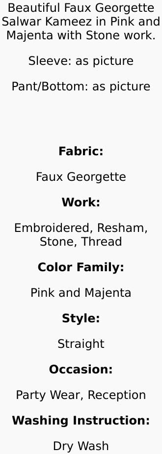 Indian Faux Georgette Salwar Kameez in Pink and Majenta with Stone work 3pc