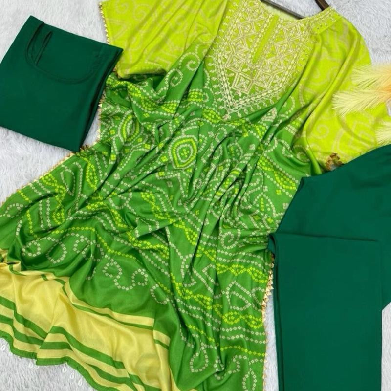 DESIGNER CHINON SILK DIGITAL PRINT EMBROIDERY WORK KAFTAN WITH BOTTOM GREEN