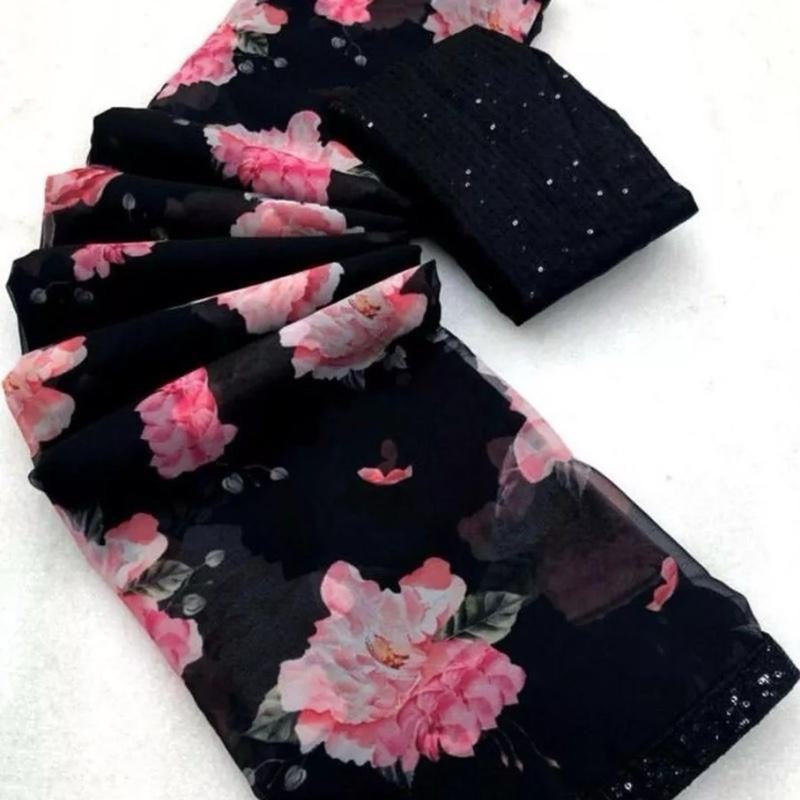 Indian DESIGNER GEORGETTE PRINT WITH BLACK SEQUENCE WORK LACE BORDER SAREE unstitched