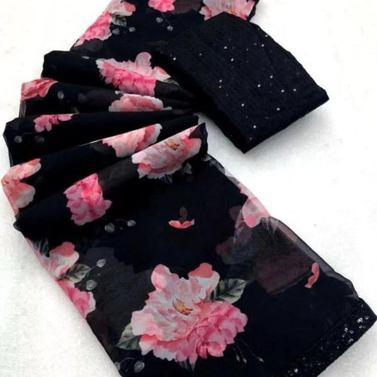 Indian DESIGNER GEORGETTE PRINT WITH BLACK SEQUENCE WORK LACE BORDER SAREE unstitched