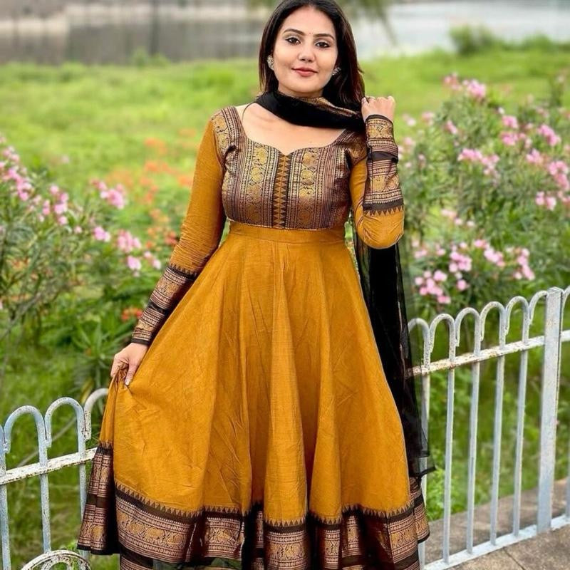 NEW ARRIVAL VICHITRA SILK JACQUARD ZARI WORK GOWN WITH NET DUPATTA MUSTARD 2pc set