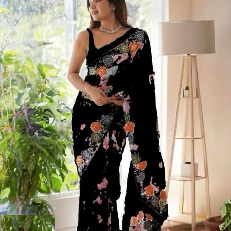 DESIGNER GEORGETTE FLORAL DIGITAL PRINTED EMBROIDERY WORK SAREE WITH UNSTITCHED