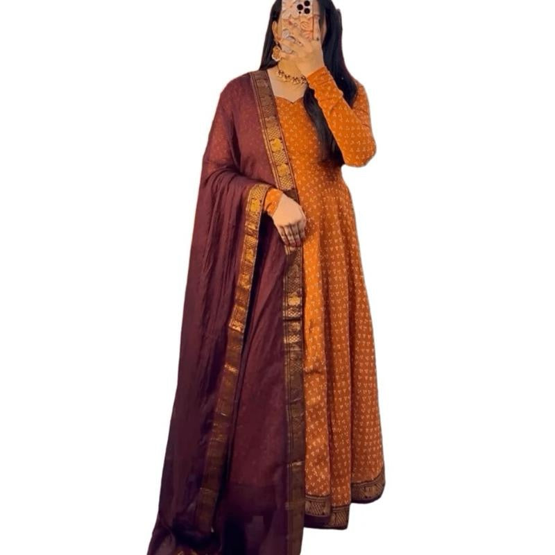 INDIAN FANCY RAYON PRINTED LACE WORK GOWN WITH DUPATTA