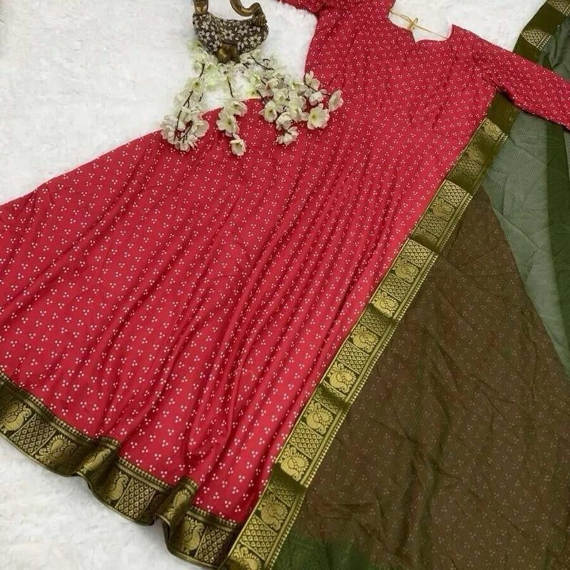 INDIAN FANCY RAYON PRINTED LACE WORK GOWN WITH DUPATTA