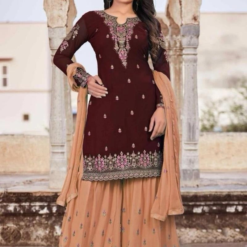 INDIAN BROWN FAUX GEORGETTE EMBROIDERY STITCHED L SHARARA SUIT SIZE L