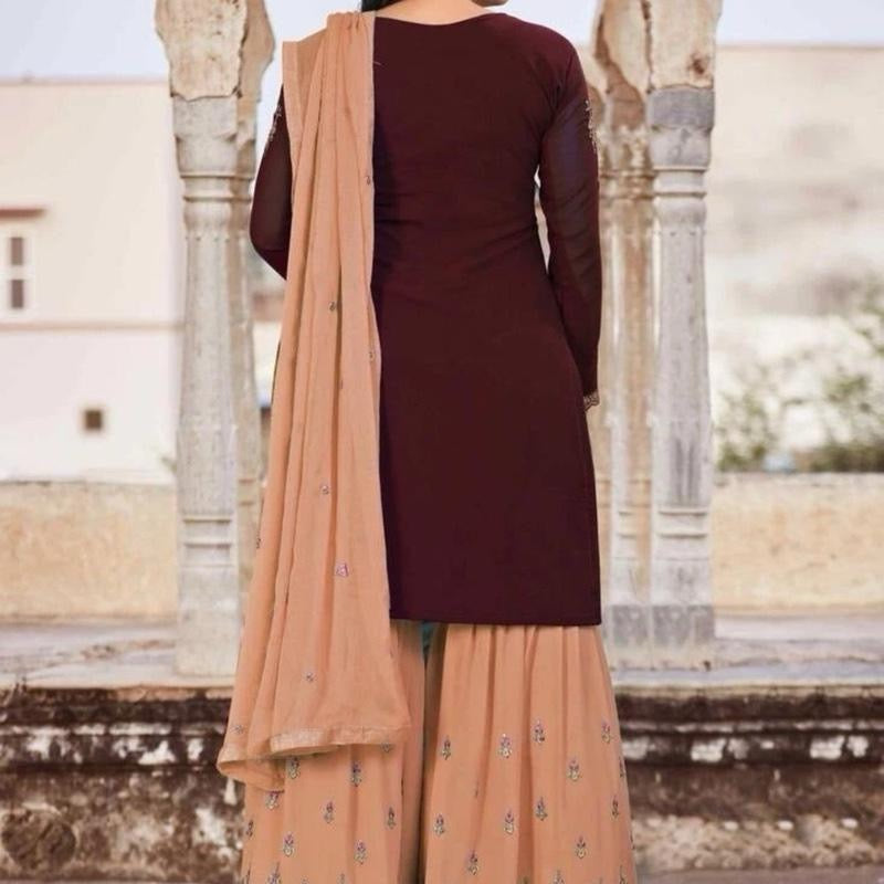 INDIAN BROWN FAUX GEORGETTE EMBROIDERY STITCHED L SHARARA SUIT SIZE L