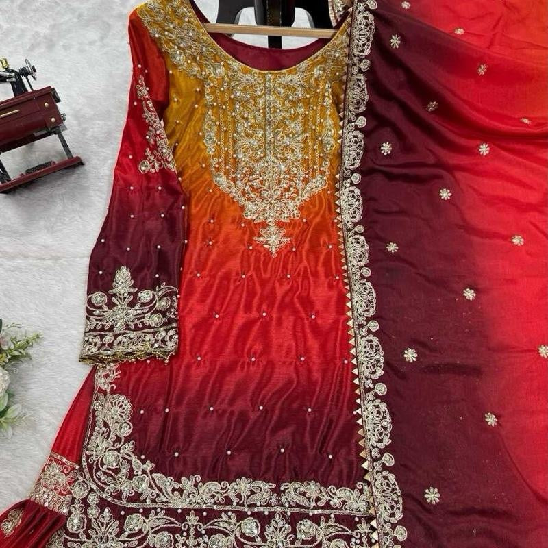 NEW ARRIVAL CHINON SILK EMBROIDERY CODING DORI SEQUENCE WORK TOP SHARARA WITH DUPATTA ORANGE Womenswear