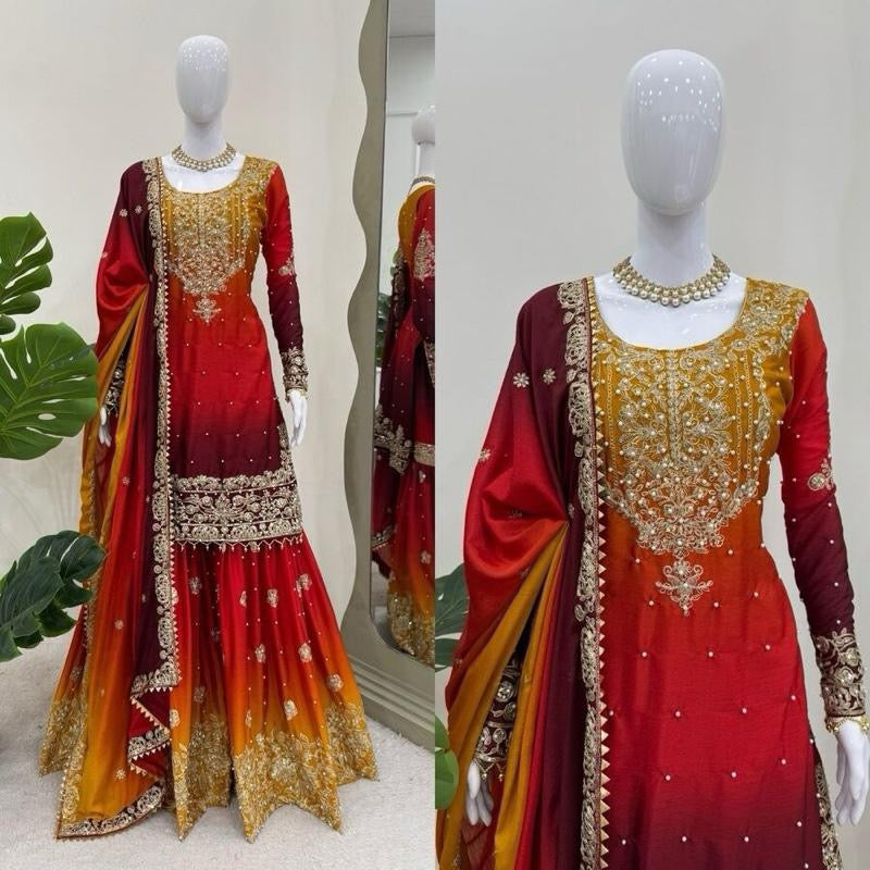 NEW ARRIVAL CHINON SILK EMBROIDERY CODING DORI SEQUENCE WORK TOP SHARARA WITH DUPATTA ORANGE Womenswear