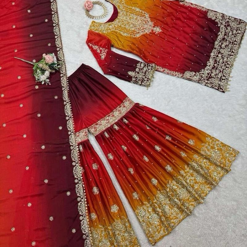 NEW ARRIVAL CHINON SILK EMBROIDERY CODING DORI SEQUENCE WORK TOP SHARARA WITH DUPATTA ORANGE Womenswear