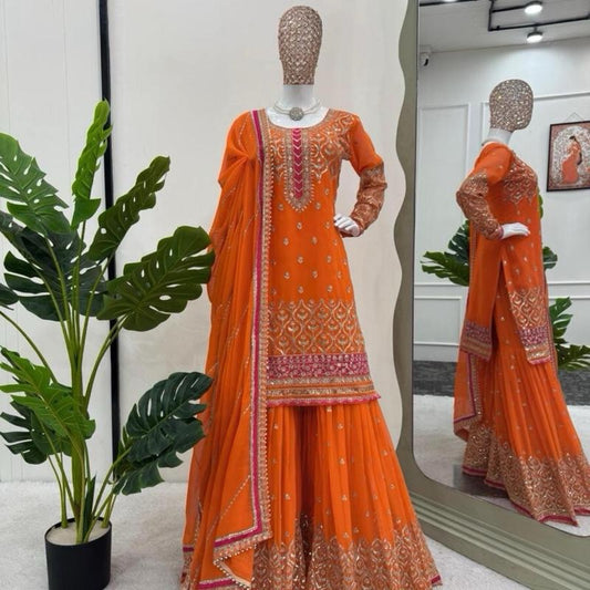 DESIGNER GEORGETTE THREAD SEQUENCE WORK TOP SHARARA WITH DUPATTA ORANGE