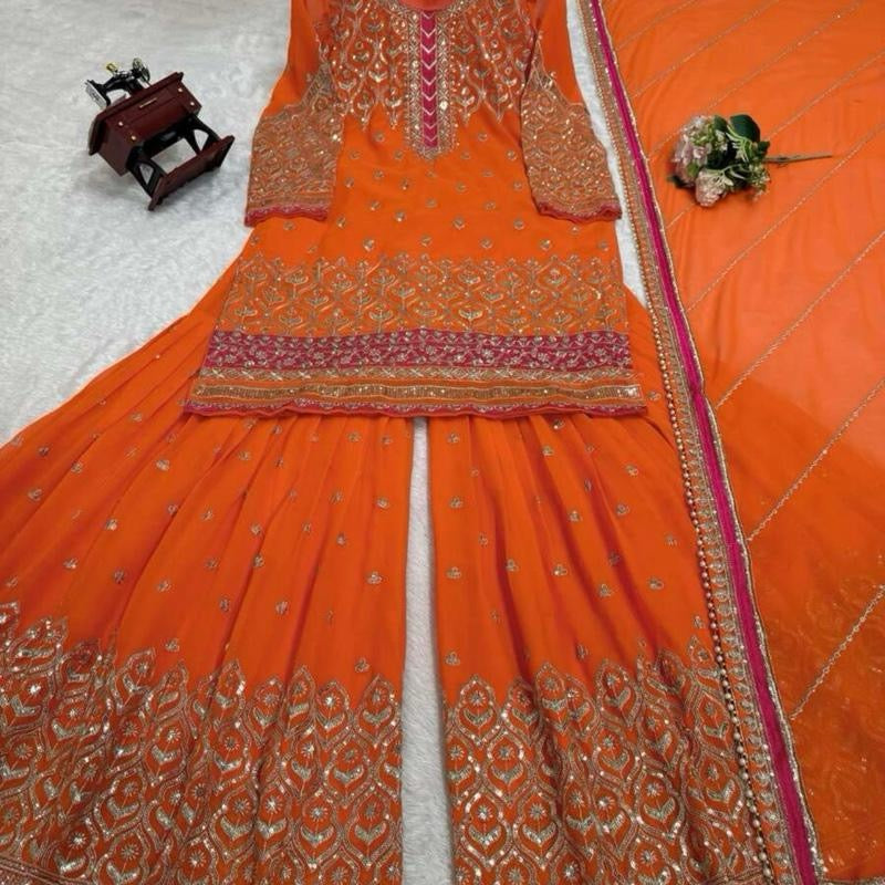 DESIGNER GEORGETTE THREAD SEQUENCE WORK TOP SHARARA WITH DUPATTA ORANGE