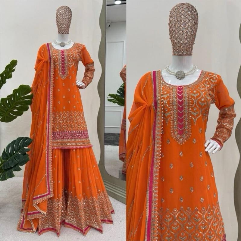 DESIGNER GEORGETTE THREAD SEQUENCE WORK TOP SHARARA WITH DUPATTA ORANGE