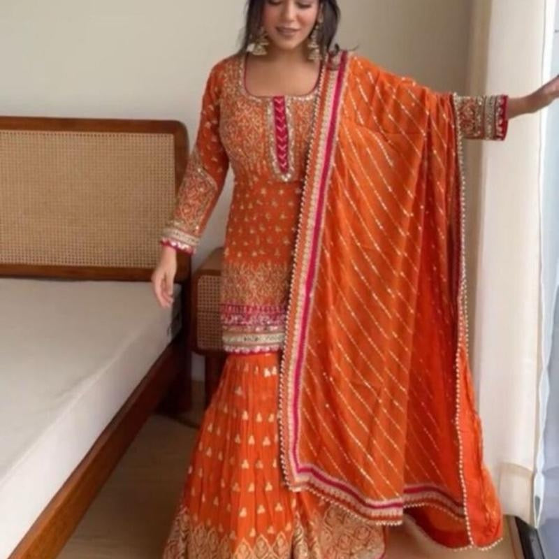 DESIGNER GEORGETTE THREAD SEQUENCE WORK TOP SHARARA WITH DUPATTA ORANGE