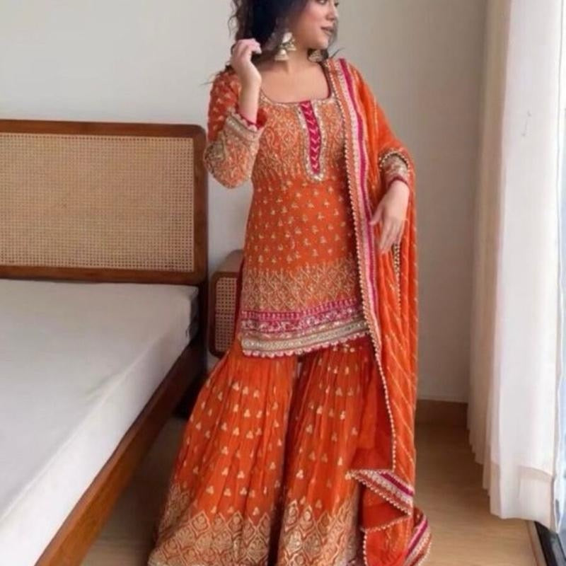 DESIGNER GEORGETTE THREAD SEQUENCE WORK TOP SHARARA WITH DUPATTA ORANGE