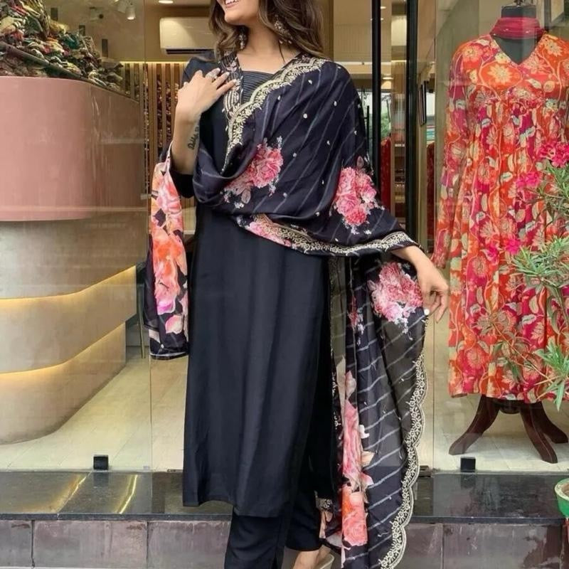 INDIAN CHANDERI SILK EMBROIDERY WORK TOP BOTTOM WITH PRINTED DUPATTA BLACK L