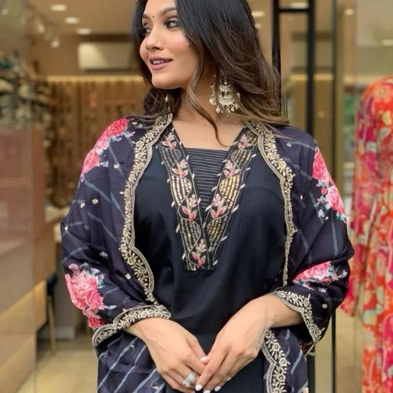 INDIAN CHANDERI SILK EMBROIDERY WORK TOP BOTTOM WITH PRINTED DUPATTA BLACK L