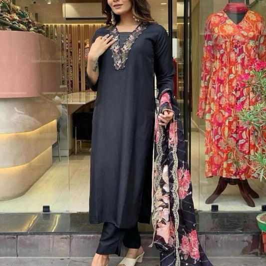 INDIAN CHANDERI SILK EMBROIDERY WORK TOP BOTTOM WITH PRINTED DUPATTA BLACK L