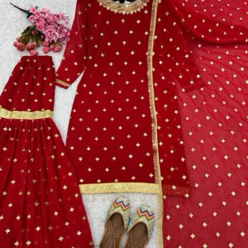 Indian Party Wear Look Fully Stitched Heavy Georgette Sharara Suits in red size XL