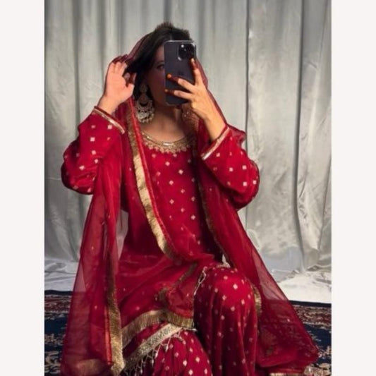 Indian Party Wear Look Fully Stitched Heavy Georgette Sharara Suits in red size XL