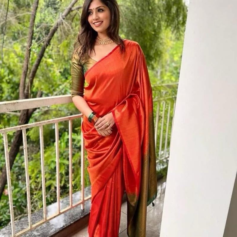 INDIAN FANCY BANARASI SILK ZARI WEAVING WORK SAREE WITH UNSTITCHED BLOUSE ORANGE