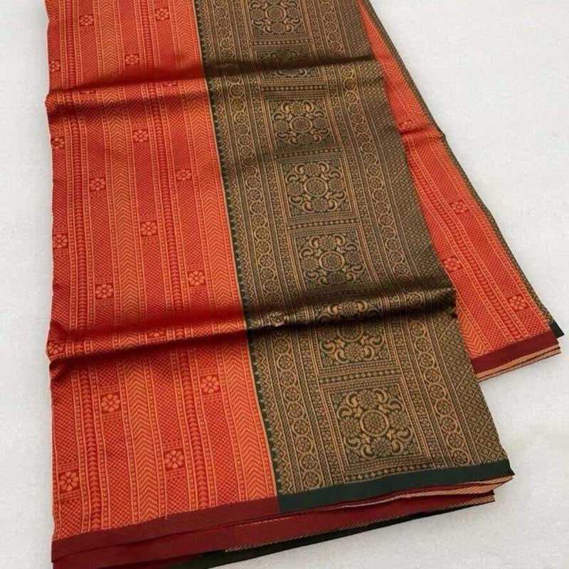 INDIAN FANCY BANARASI SILK ZARI WEAVING WORK SAREE WITH UNSTITCHED BLOUSE ORANGE