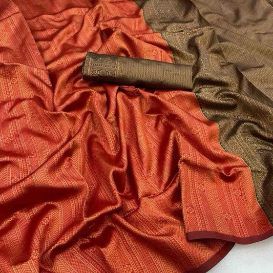 INDIAN FANCY BANARASI SILK ZARI WEAVING WORK SAREE WITH UNSTITCHED BLOUSE ORANGE