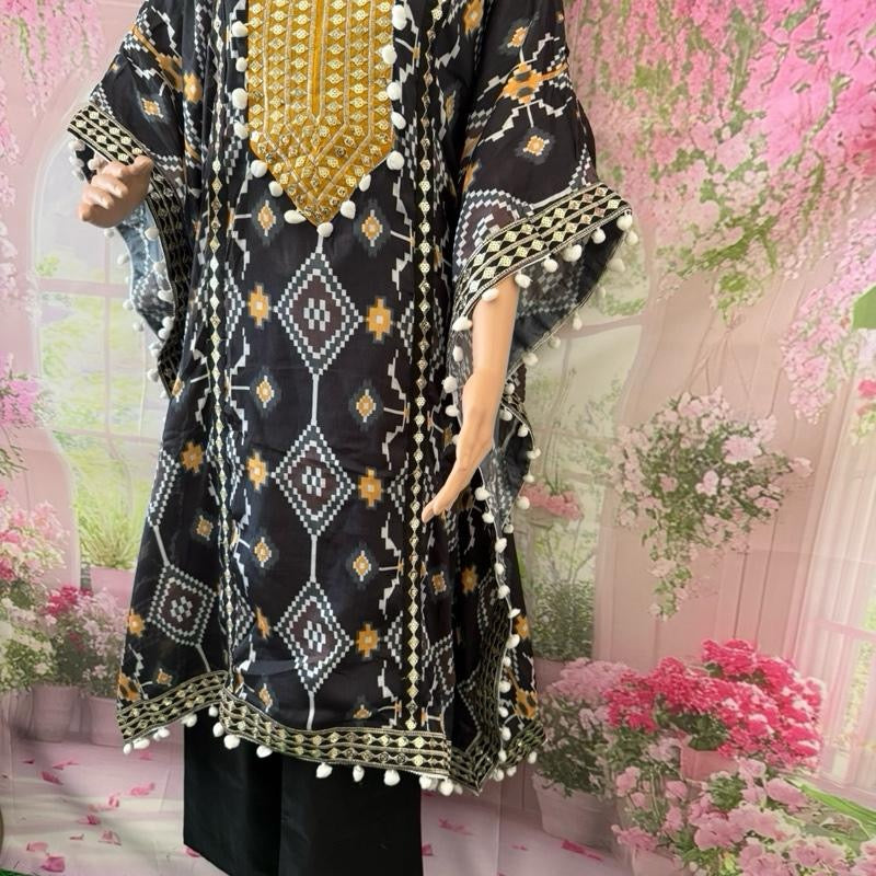 FANCY CHINON SILK EMBROIDERY SEQUENCE DIGITAL PRINT WORK KAFTAN PALAZZO