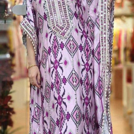 FANCY CHINON SILK EMBROIDERY SEQUENCE DIGITAL PRINT WORK KAFTAN PALAZZO