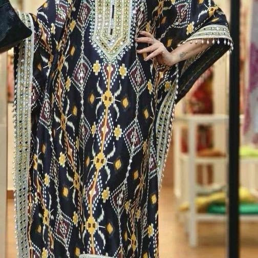 FANCY CHINON SILK EMBROIDERY SEQUENCE DIGITAL PRINT WORK KAFTAN PALAZZO