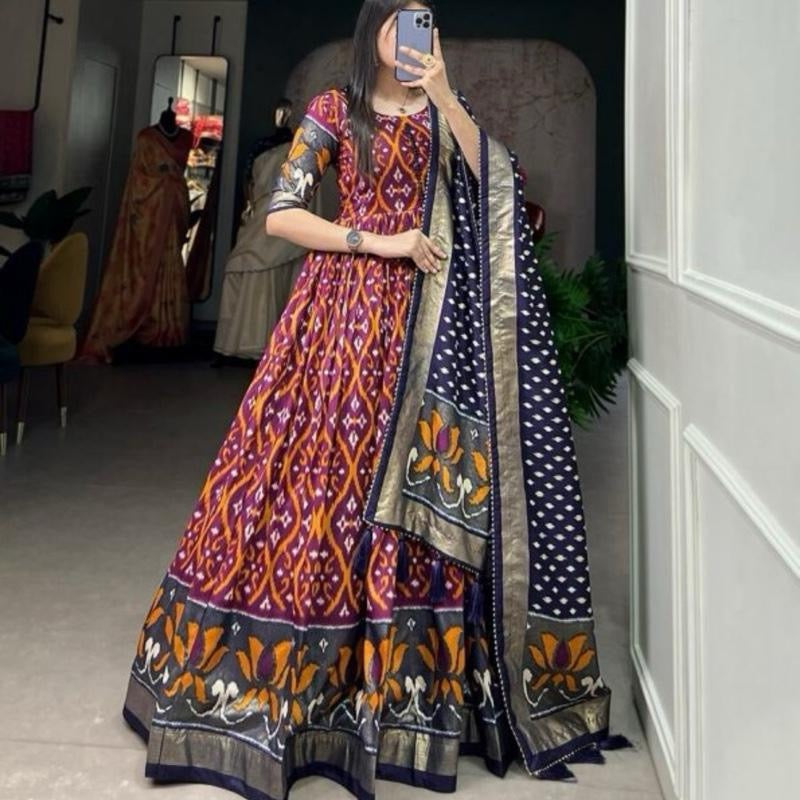 DESIGNER TUSSAR SILK PATOLA PRINT WORK GOWN WITH DUPATTA MAROON