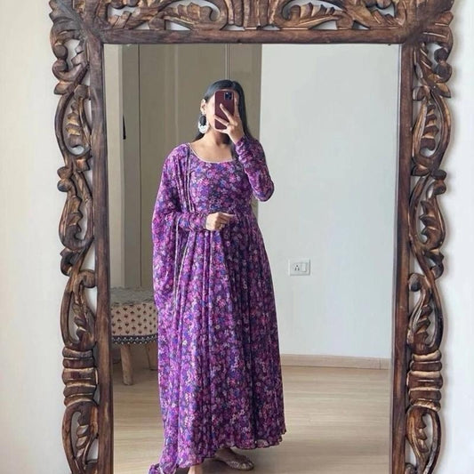 Indian traditional DESIGNER FLORAL GEORGETTE DIGITAL PRINT WORK GOWN WITH DUPATTA Size:L