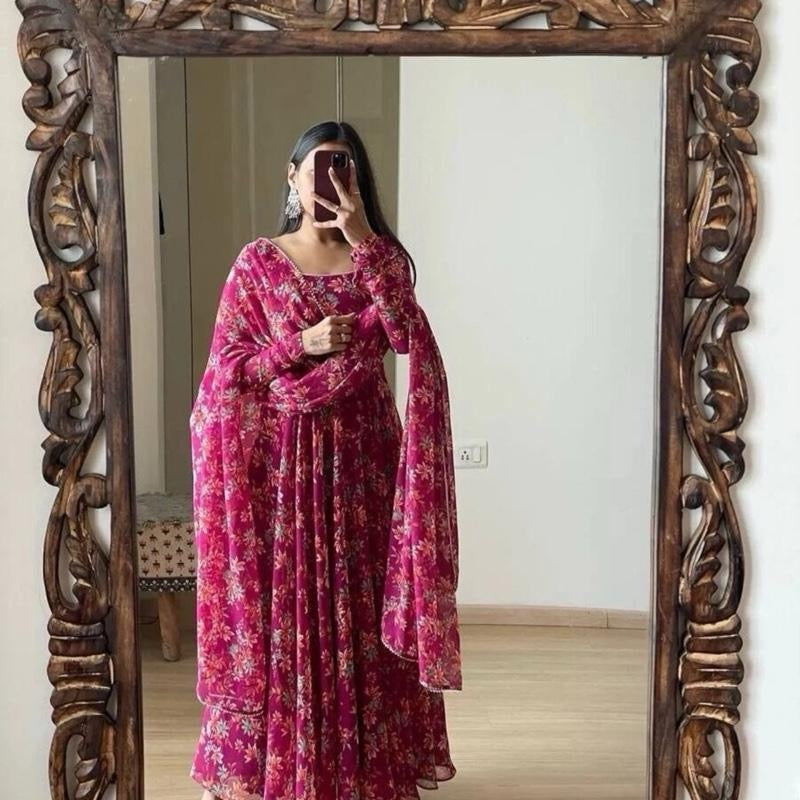 Indian traditional DESIGNER FLORAL GEORGETTE DIGITAL PRINT WORK GOWN WITH DUPATTA Size:L