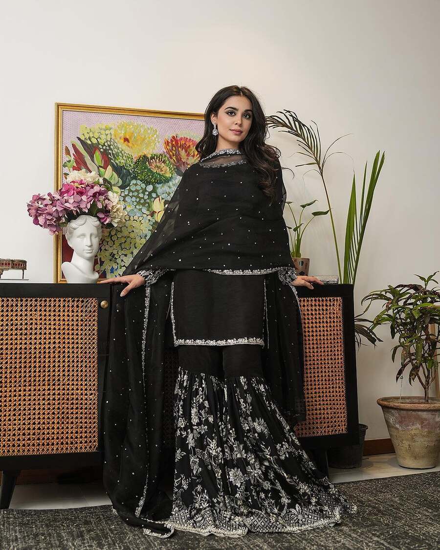 NEW ARRIVAL GEORGETTE EMBROIDERY SEQUENCE WORK TOP SHARARA WITH DUPATTA BLACK