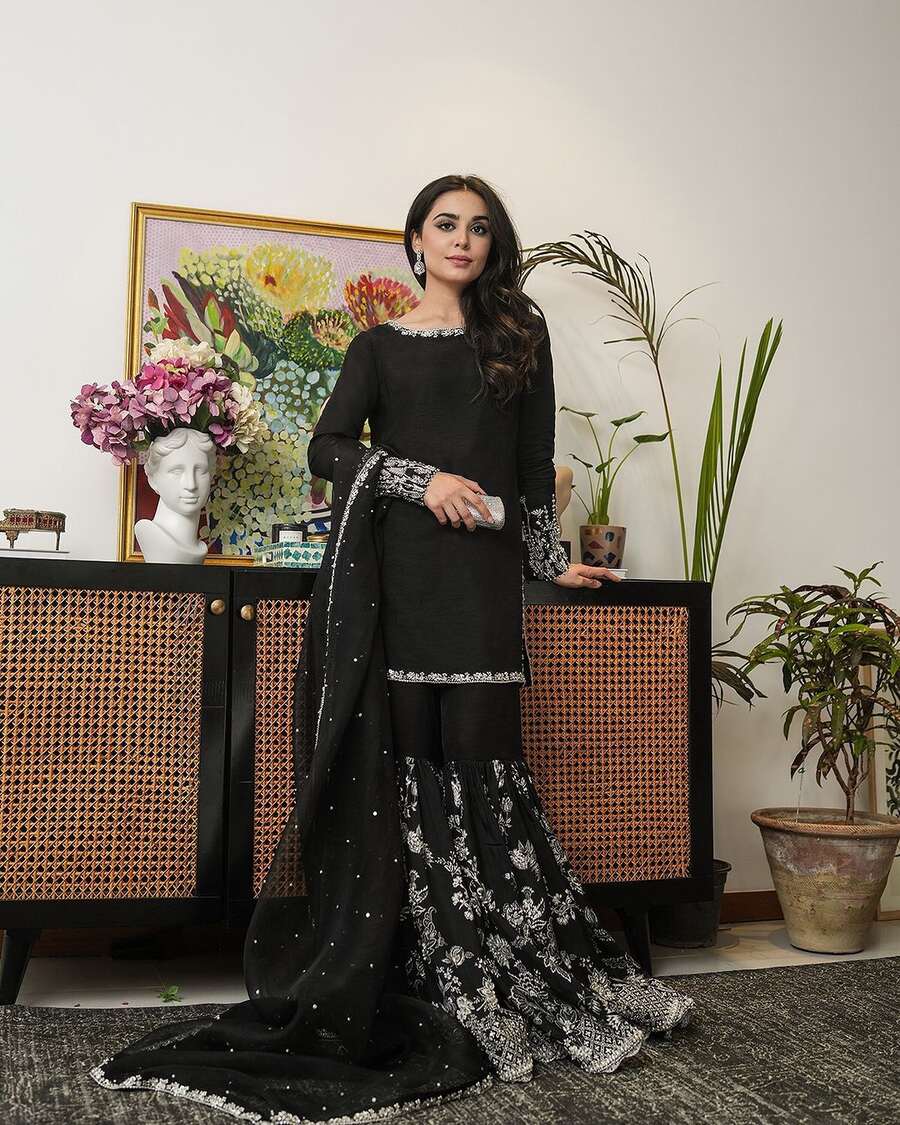 NEW ARRIVAL GEORGETTE EMBROIDERY SEQUENCE WORK TOP SHARARA WITH DUPATTA BLACK