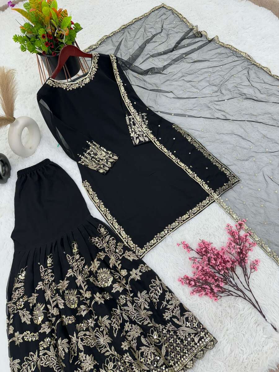 NEW ARRIVAL GEORGETTE EMBROIDERY SEQUENCE WORK TOP SHARARA WITH DUPATTA BLACK