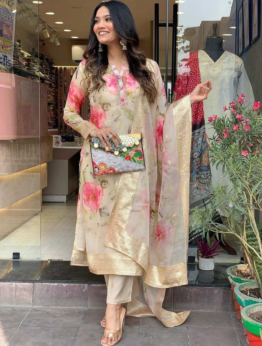 NEW ARRIVAL ORGANZA SILK DIGITAL PRINTED WITH ZARI AND JACQUARD WORK TOP BOTTOM WITH DUPATTA MINT