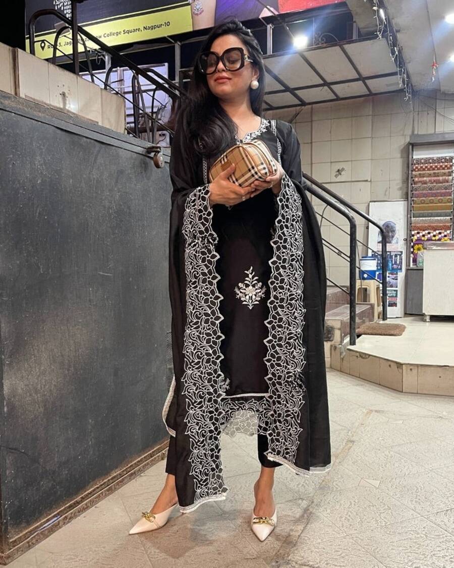 DESIGNER COTTON EMBROIDERY ARI WORK TOP BOTTOM WITH DUPATTA BLACK